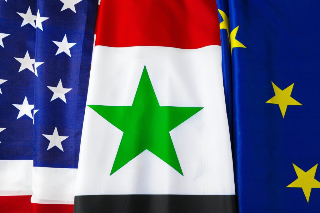 Flags of USA, Syria and EU together